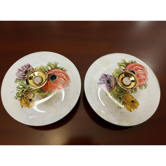 Vintage Chance Glass Candlestick Holder Set with Poppy Flowers and Gold Rim 5" d - Picture 4 of 8